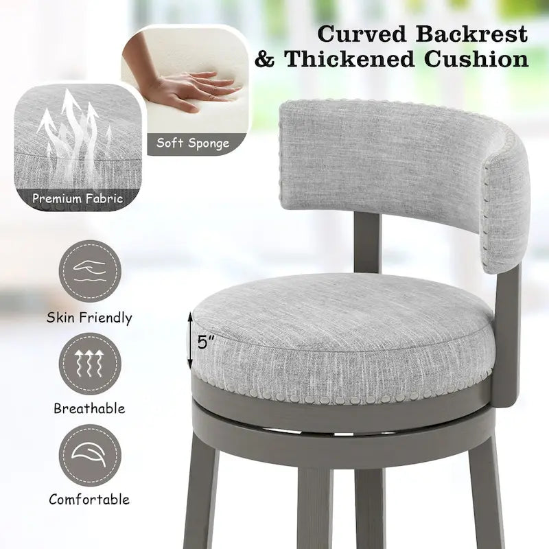 Swivel Bar Stool - Gray Upholstered - 27" or 31" Height