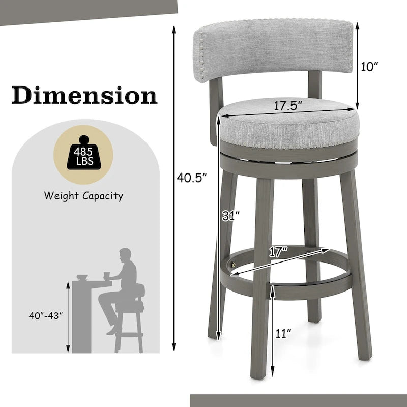 Swivel Bar Stool - Gray Upholstered - 27" or 31" Height