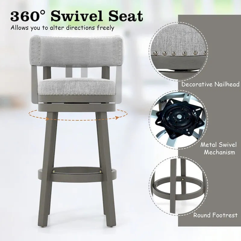 Swivel Bar Stool - Gray Upholstered - 27" or 31" Height