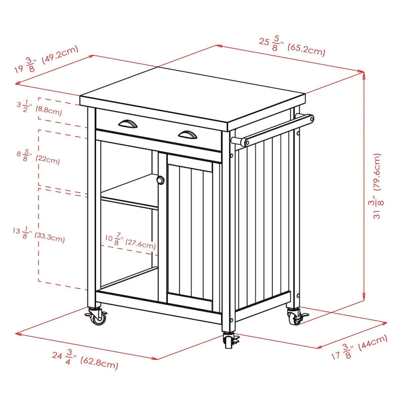 Timber Kitchen Cart, Black - 27.76 x 19.37 x 34.02 inches