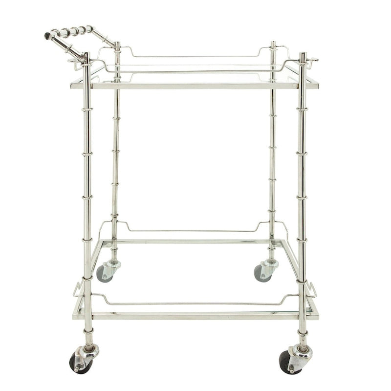 30 Silver Two Tier Rectangular Rolling Bar Cart with Glass Top