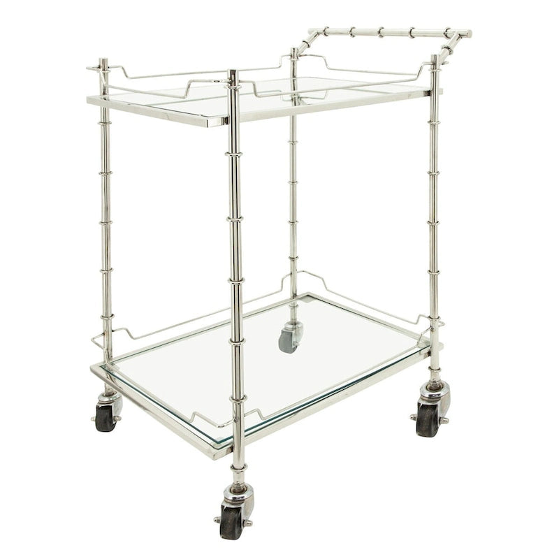 30 Silver Two Tier Rectangular Rolling Bar Cart with Glass Top