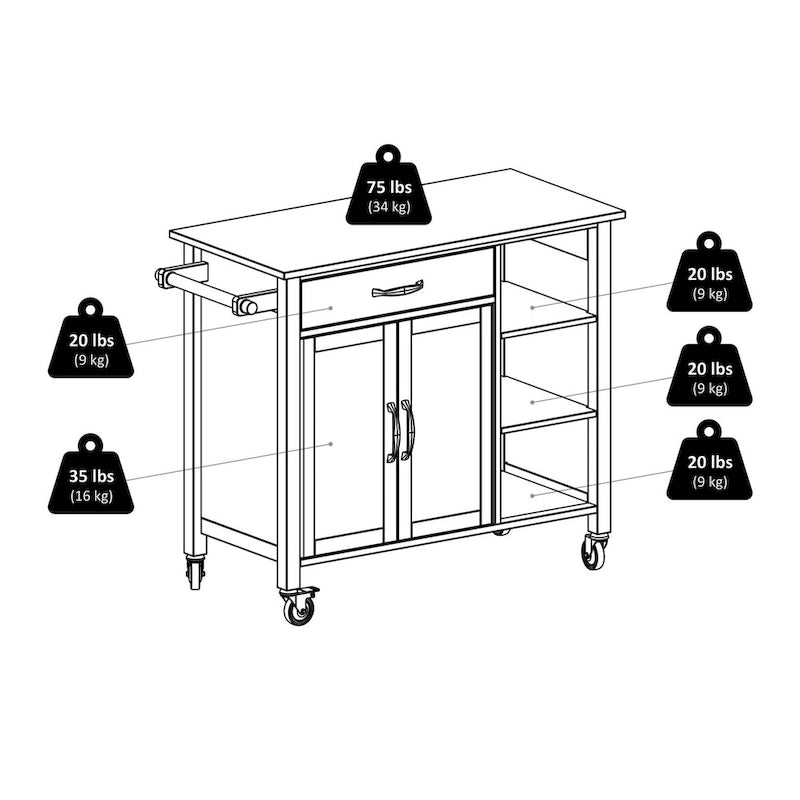 Mabel Utility Kitchen Cart, Walnut and Natural - 42.72 x 18.9 x 35.43 inches