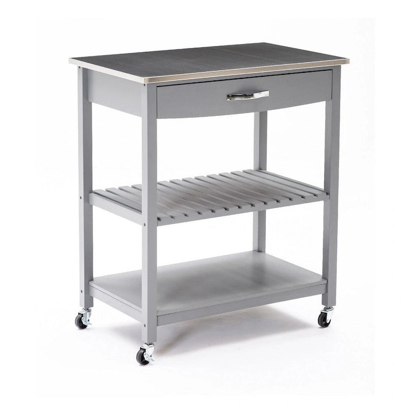 38 Inch 2 Tier Kitchen Cart Island, Shelf, Steel Top, Lock Casters, Gray - 19L x 30.5W x 35.75H