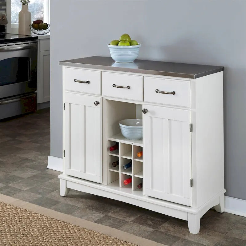 Stainless Steel Top Kitchen Island Sideboard Cabinet Wine Rack in White - 41.75W x 17D x 36.25H