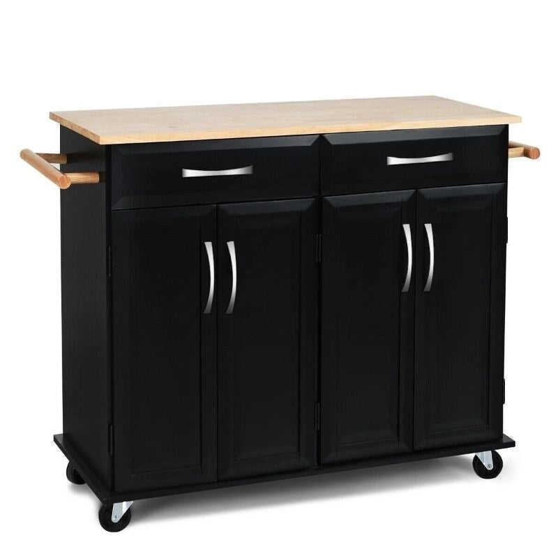 Black Kitchen Island Storage Cabinet Cart with Wood Top and Wheels - 48.5 x 18.5 x 36.5 (L x W x H)