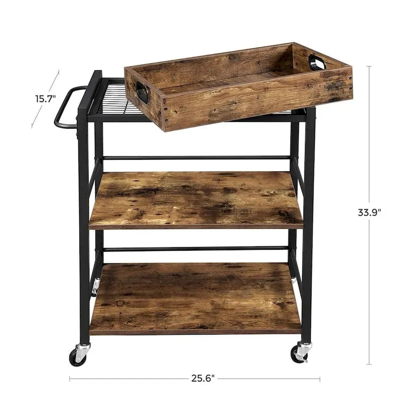 Rustic Brown Black Industrial Bar Cart with Removable Tray 3-Tier Storage and Lockable Wheels