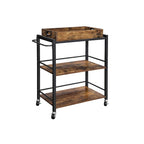 Rustic Brown Black Industrial Bar Cart with Removable Tray 3-Tier Storage and Lockable Wheels