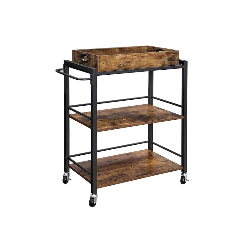 Rustic Brown Black Industrial Bar Cart with Removable Tray 3-Tier Storage and Lockable Wheels