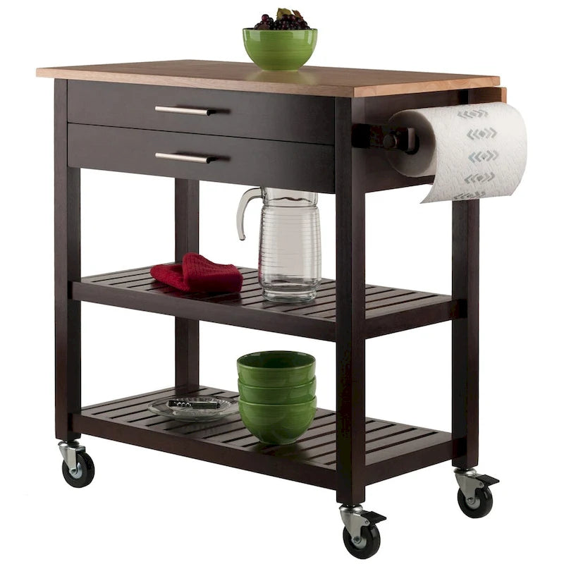 Langdon Kitchen Cart, Drop Leaf, Cappuccino and Natural - 36.57 x 26.42 x 34.45 inches