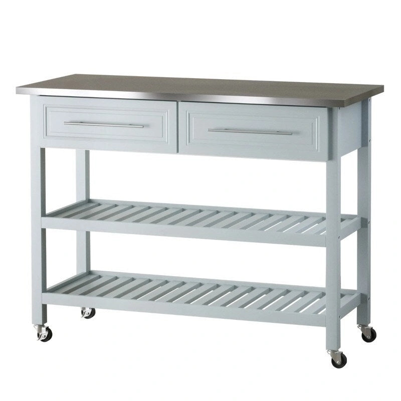 Light Gray Rolling Kitchen Island 2 Drawers Storage with Stainless Steel Top - 47.25 inches L x 19.75 inches W x 36 inches H