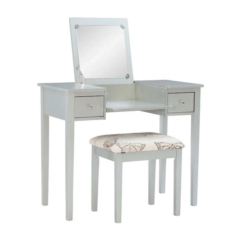 36 Silver Solid Vanity Set with Mirror and Upholstered Stool