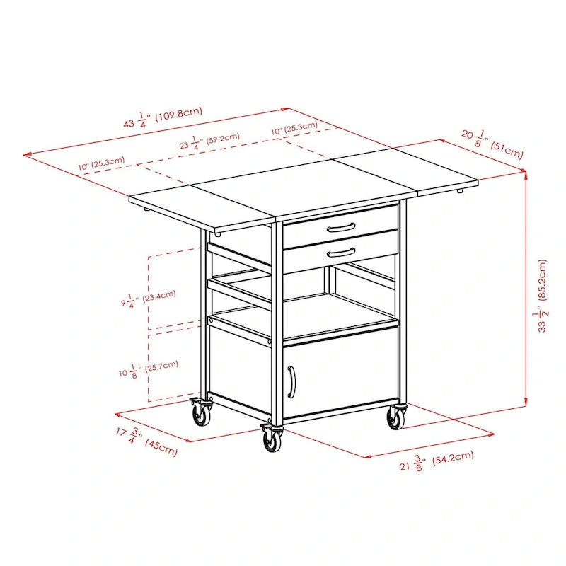 Bellini Drop Leaf Kitchen Cart, Coffee and Natural - 43.23 x 20.08 x 33.54 inches