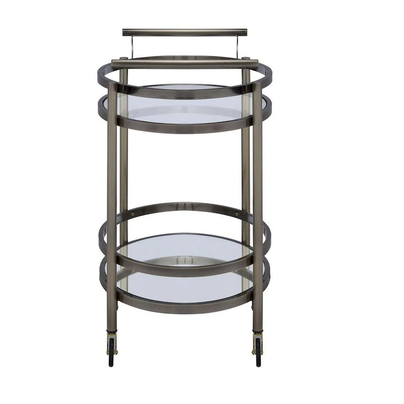Oval Shaped Metal Serving Cart with 2 Shelves, Silver - 34 H x 19 W x 27 L Inches