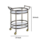 Oval Shaped Metal Serving Cart with 2 Shelves, Silver - 34 H x 19 W x 27 L Inches