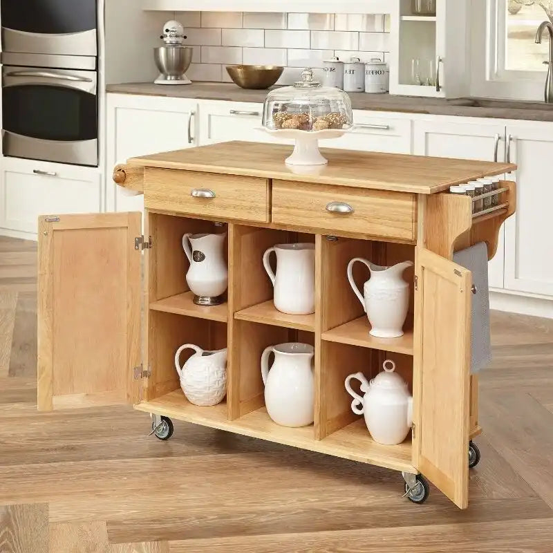 Natural Wood Finish Kitchen Island Cart with Locking Casters - 24 x 49.8 x 35.2 inches