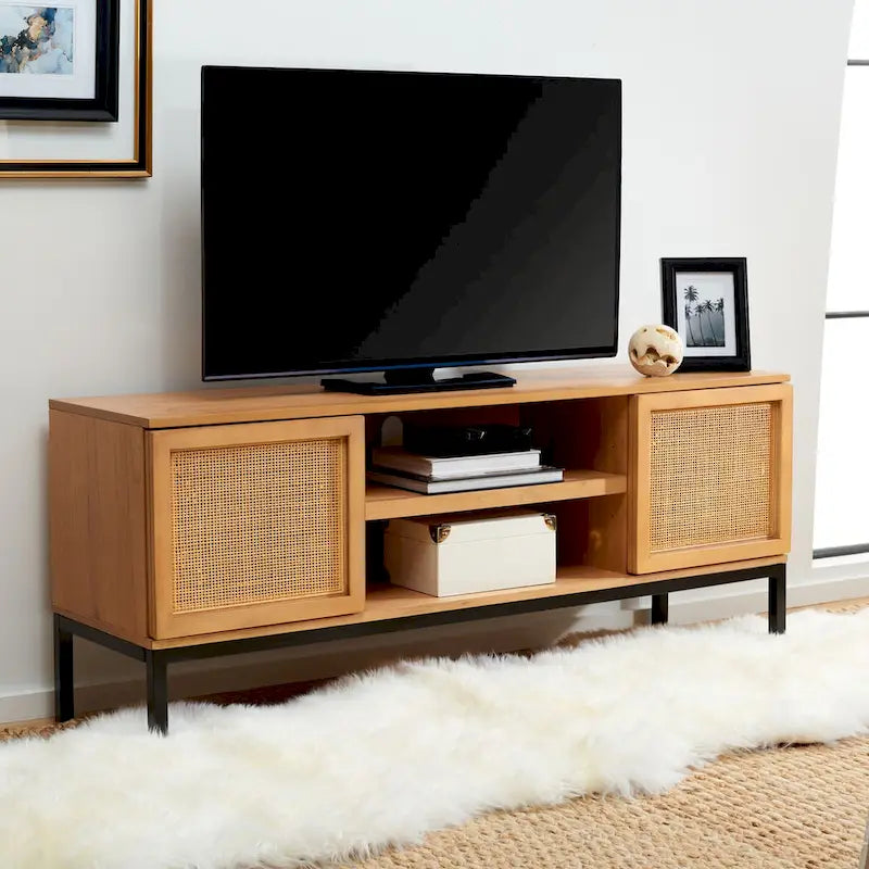 SAFAVIEH Cristen 1 Shelf Rattan Media Stand - 54 W x 15 D x 22 H - 54Wx15Dx22H