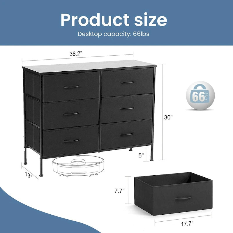 6 Drawers Dresser Chest with Metal Frame and Wooden Top