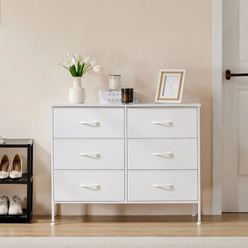 6 Drawers Dresser Chest with Metal Frame and Wooden Top