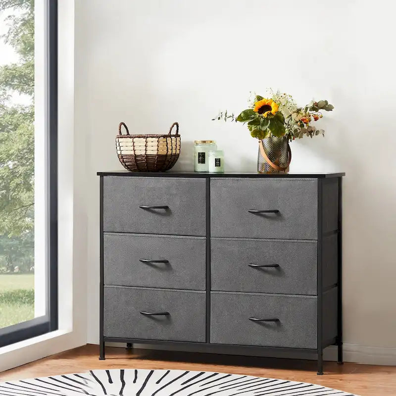 6 Drawers Dresser Chest with Metal Frame and Wooden Top