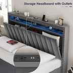 Velvet Queen Size Gas Lift Storage Headboard Bed with LED Lights
