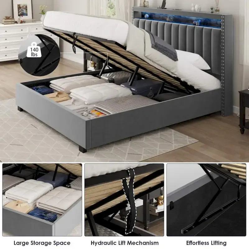 Velvet Queen Size Gas Lift Storage Headboard Bed with LED Lights