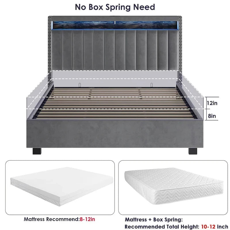 Velvet Queen Size Gas Lift Storage Headboard Bed with LED Lights