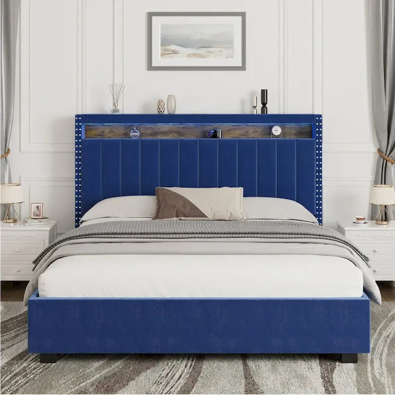 Velvet Queen Size Gas Lift Storage Headboard Bed with LED Lights