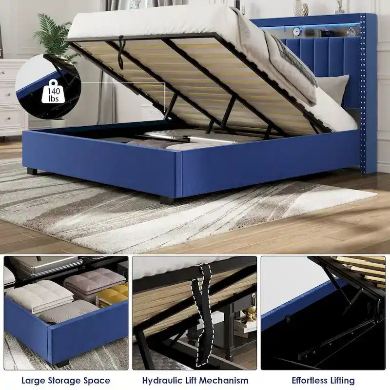 Velvet Queen Size Gas Lift Storage Headboard Bed with LED Lights