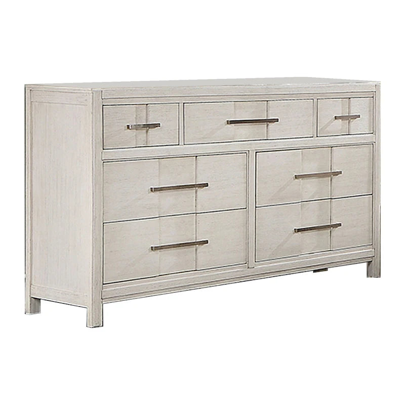 Varos 58 Inch Wide Dresser Chest, 7 Drawers, Nickel Bar Handles, White