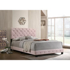 Pink Velvet Platform Bed with Nailhead Trim, Queen Size