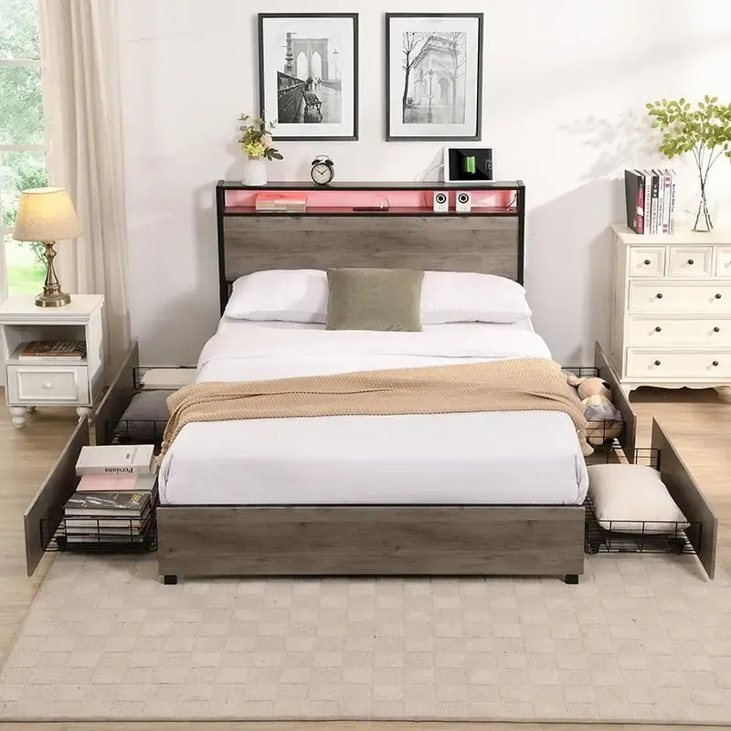 Queen Size Platform Bed with Headboard and 4 Storage Drawers