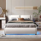 Full Size Upholstered Faux Leather Platform Bed with LED Light Bed Frame with Slatted