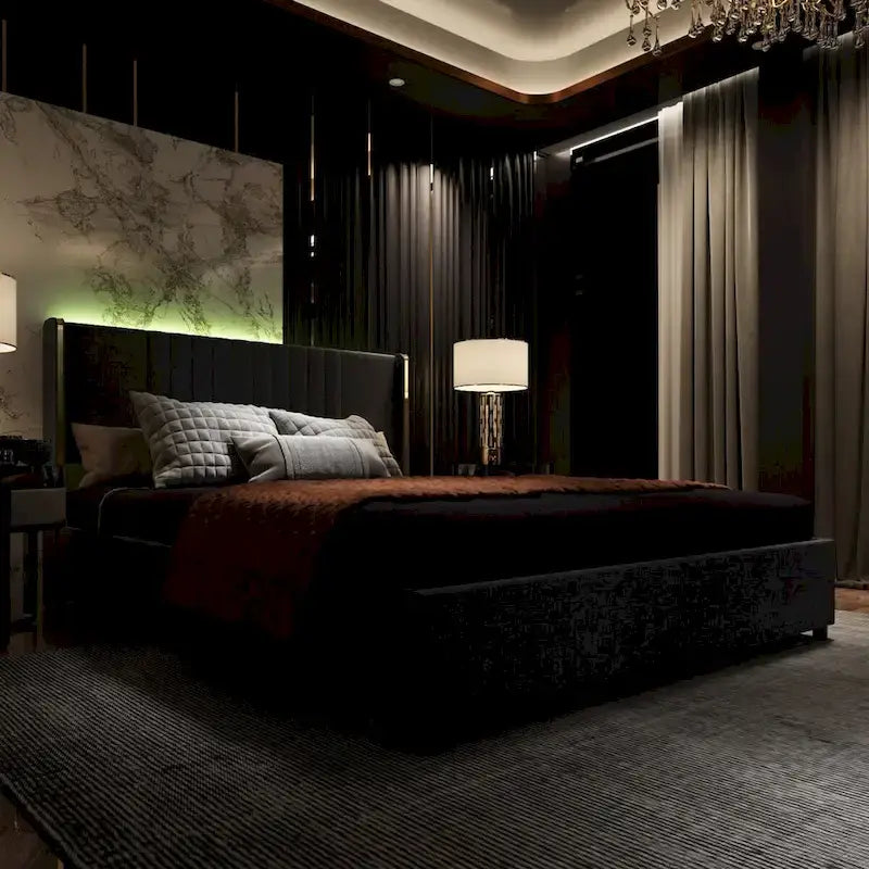 Modern Illuminated Bed Frame with Gold Trim - Chic Upholstered Design