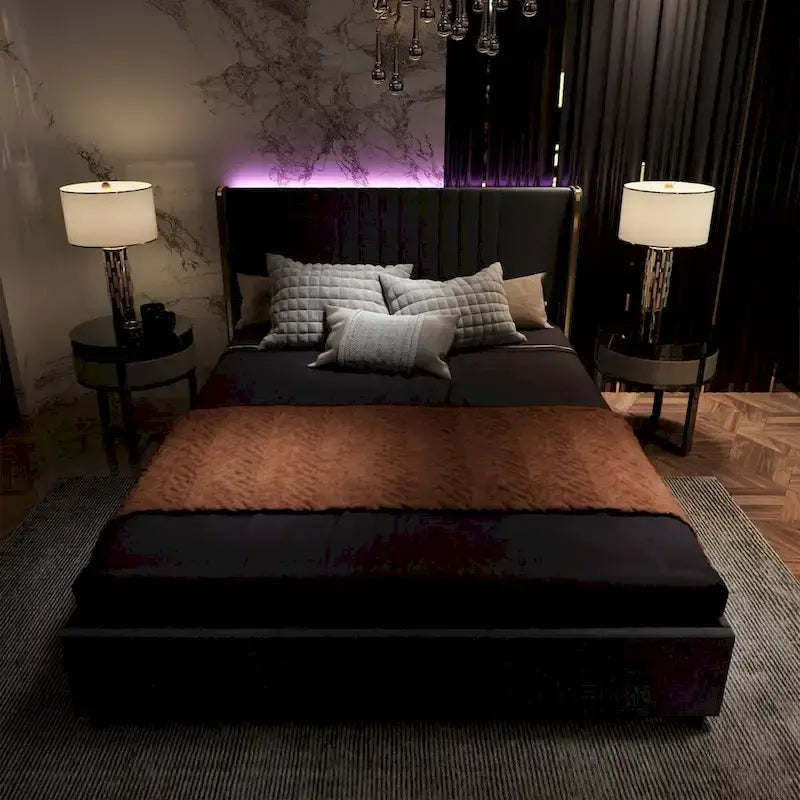 Modern Illuminated Bed Frame with Gold Trim - Chic Upholstered Design