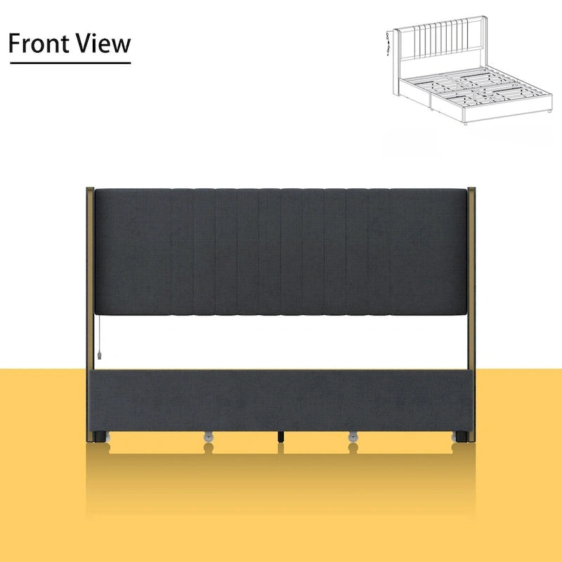 Modern Illuminated Bed Frame with Gold Trim - Chic Upholstered Design