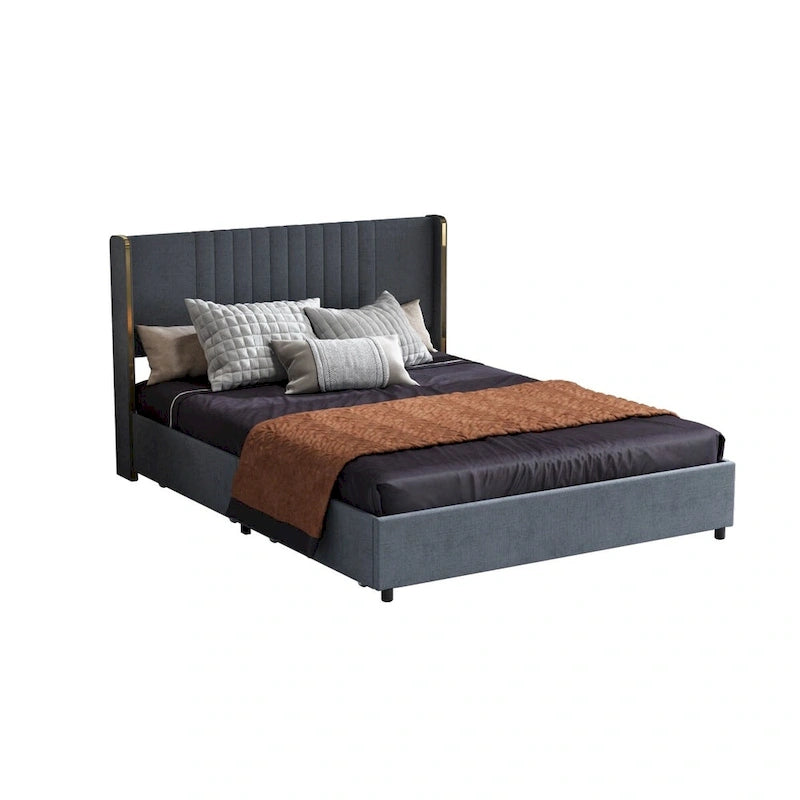 Modern Illuminated Bed Frame with Gold Trim - Chic Upholstered Design