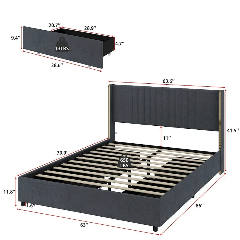 Modern Illuminated Bed Frame with Gold Trim - Chic Upholstered Design