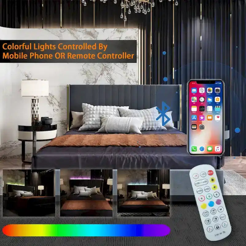Modern Illuminated Bed Frame with Gold Trim - Chic Upholstered Design