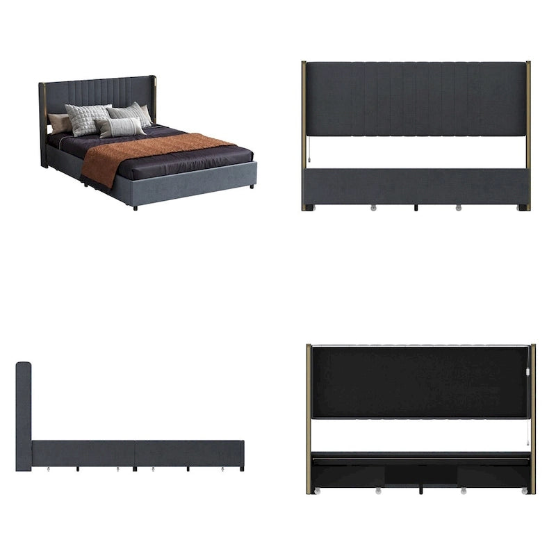 Modern Illuminated Bed Frame with Gold Trim - Chic Upholstered Design