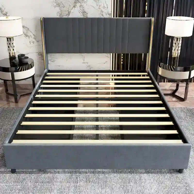 Modern Illuminated Bed Frame with Gold Trim - Chic Upholstered Design
