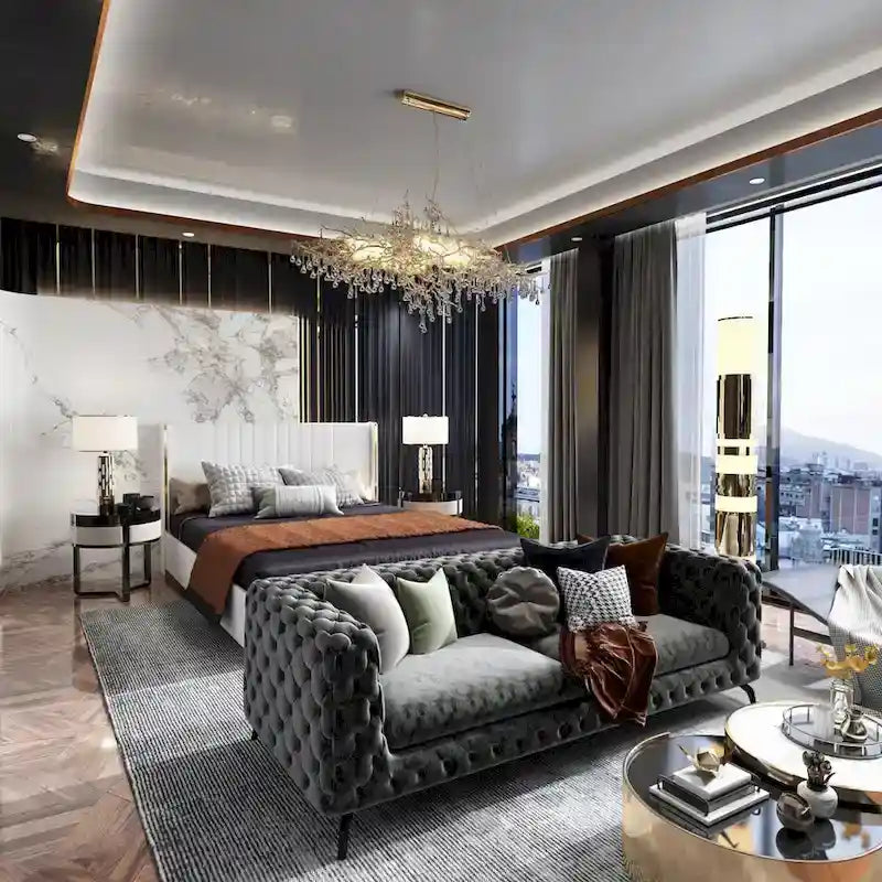 Modern Illuminated Bed Frame with Gold Trim - Chic Upholstered Design