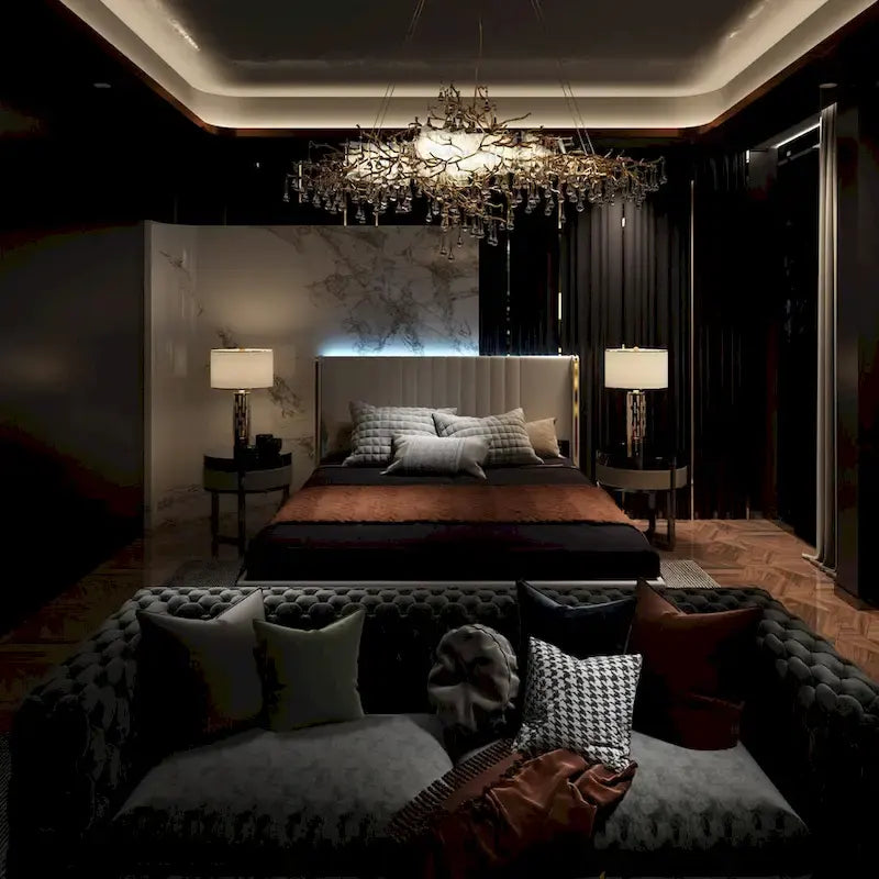 Modern Illuminated Bed Frame with Gold Trim - Chic Upholstered Design
