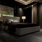 Modern Illuminated Bed Frame with Gold Trim - Chic Upholstered Design