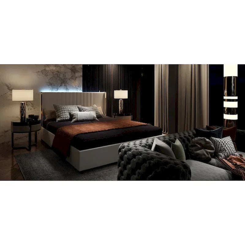 Modern Illuminated Bed Frame with Gold Trim - Chic Upholstered Design