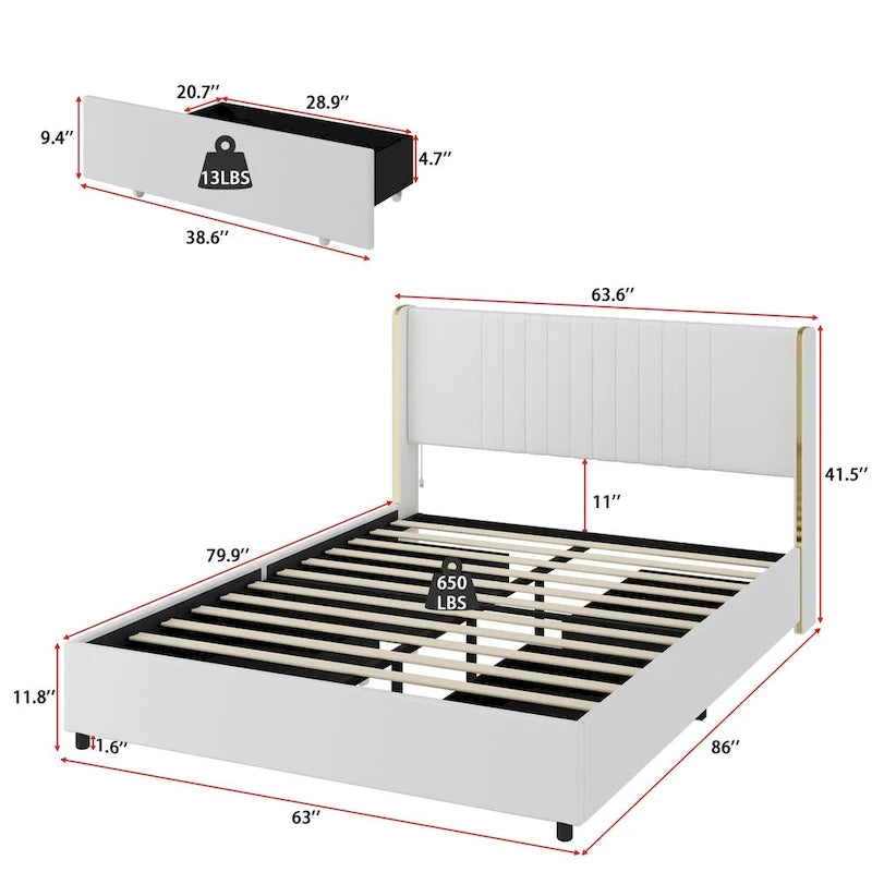 Modern Illuminated Bed Frame with Gold Trim - Chic Upholstered Design