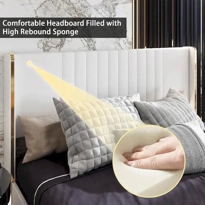 Modern Illuminated Bed Frame with Gold Trim - Chic Upholstered Design