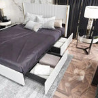 Modern Illuminated Bed Frame with Gold Trim - Chic Upholstered Design