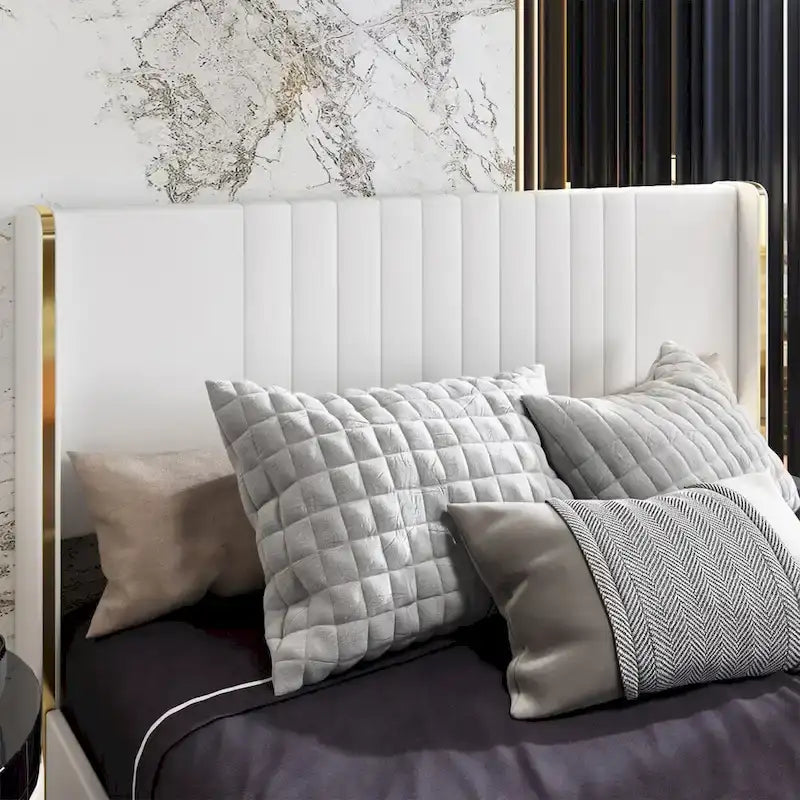 Modern Illuminated Bed Frame with Gold Trim - Chic Upholstered Design