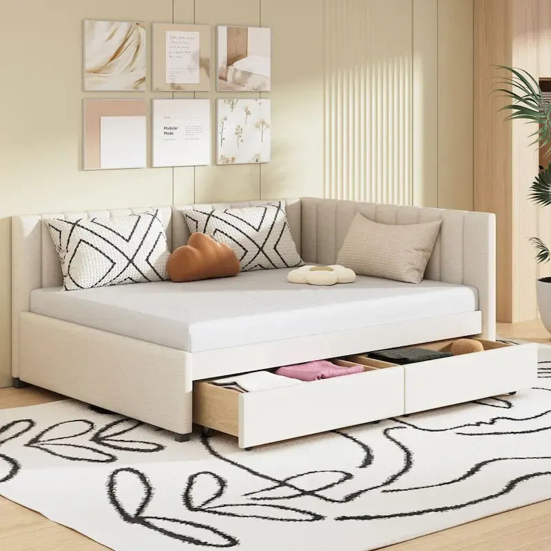 Full Size Upholstered Daybed with 2 Storage Drawers Sofa Bed Frame No Box Spring Needed, Linen Fabric (Beige)